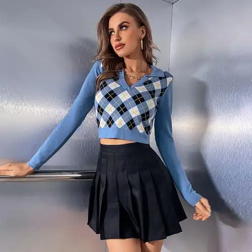 美式复古polo领杏色白色菱格纹v领短款针织衫女潮ins长袖,女装针织衫