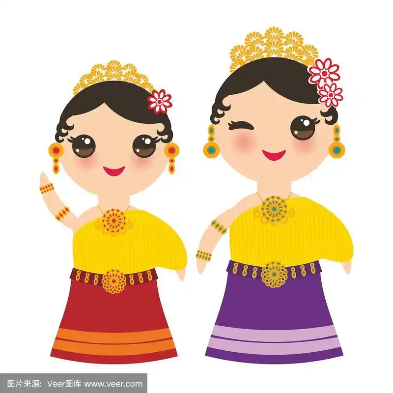 卡通儿童在传统泰国服装孤立在白色背景.向量