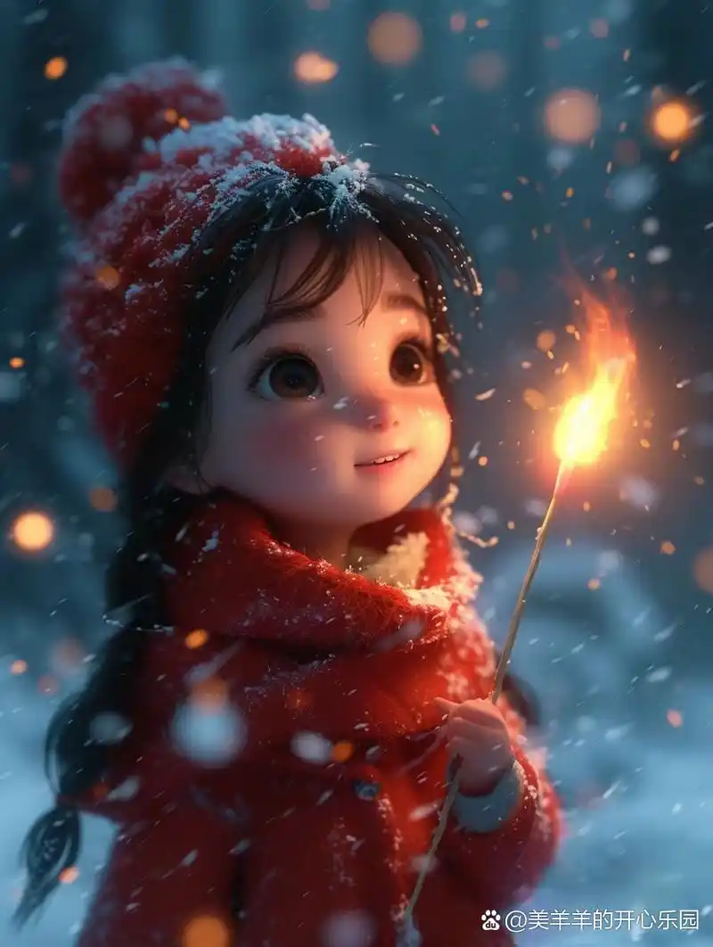 在这银装素裹的雪景中,小女孩身穿红衣,头戴帽子,围着围巾,手里握着那