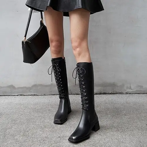 真皮显瘦绑带长靴女不过膝高筒马丁靴英伦骑士靴金属头方头长筒靴