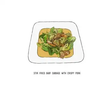 香脆猪肉炒小白菜, 泰国菜手画 sk照片