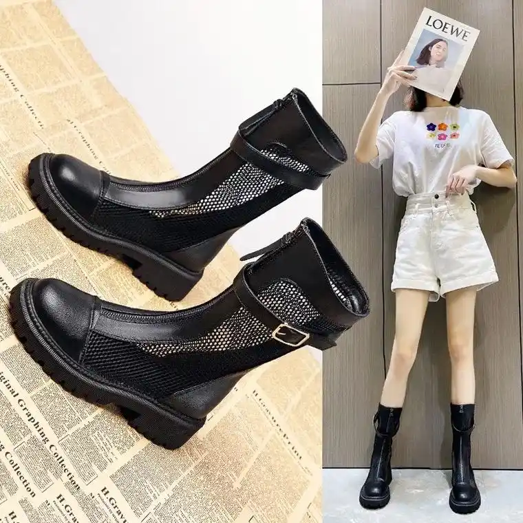 网红马丁靴女短靴夏季薄款2023年新款.英伦风透气镂空网纱凉 - 抖音