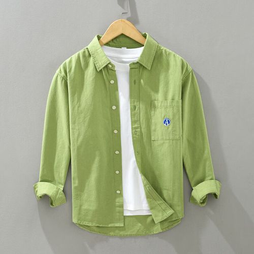 %纯棉日系重磅长袖衬衫男春秋翻领清新高级感休闲通勤刺绣衬衣 浅绿色