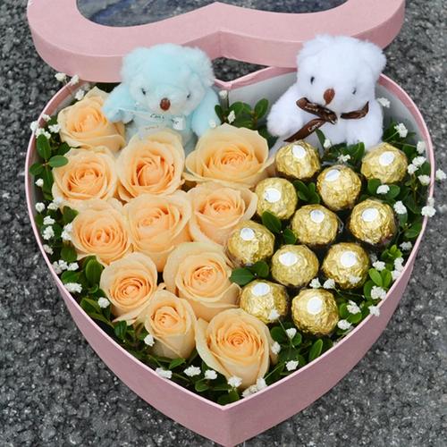 情人节表白玫瑰巧克力鲜花心形高档礼盒广州同城禅城东莞罗湖增城