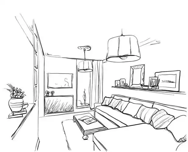 室内,素描,沙发,家具,书架