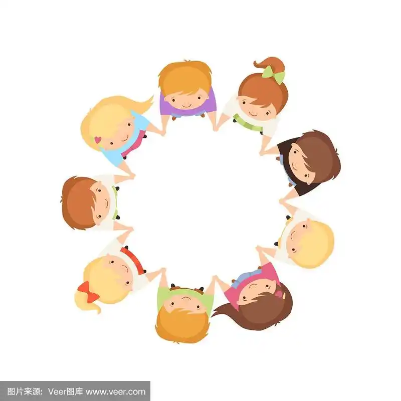 孩子们手牵着手在圈里跳舞,可爱的小男孩和女孩一起玩,顶视图卡通矢量