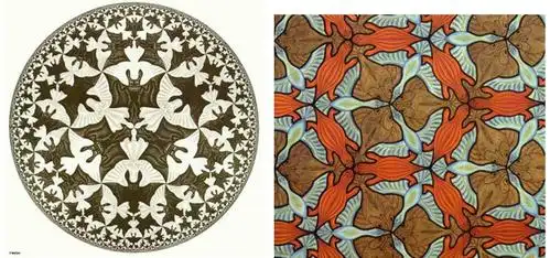 埃舍尔的作品中有很多镶嵌的美丽图案,他对数学,建筑学和哲学的过深