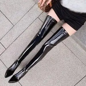 回力70cm超长过膝长靴女2021年新款超高筒尖头大腿靴粗高跟漆皮过