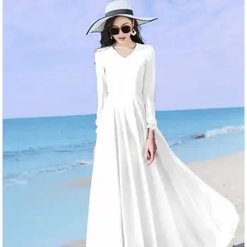 新款春夏v领女长袖纯色沙滩度假雪纺连衣裙修身显瘦飘逸大摆长裙白色