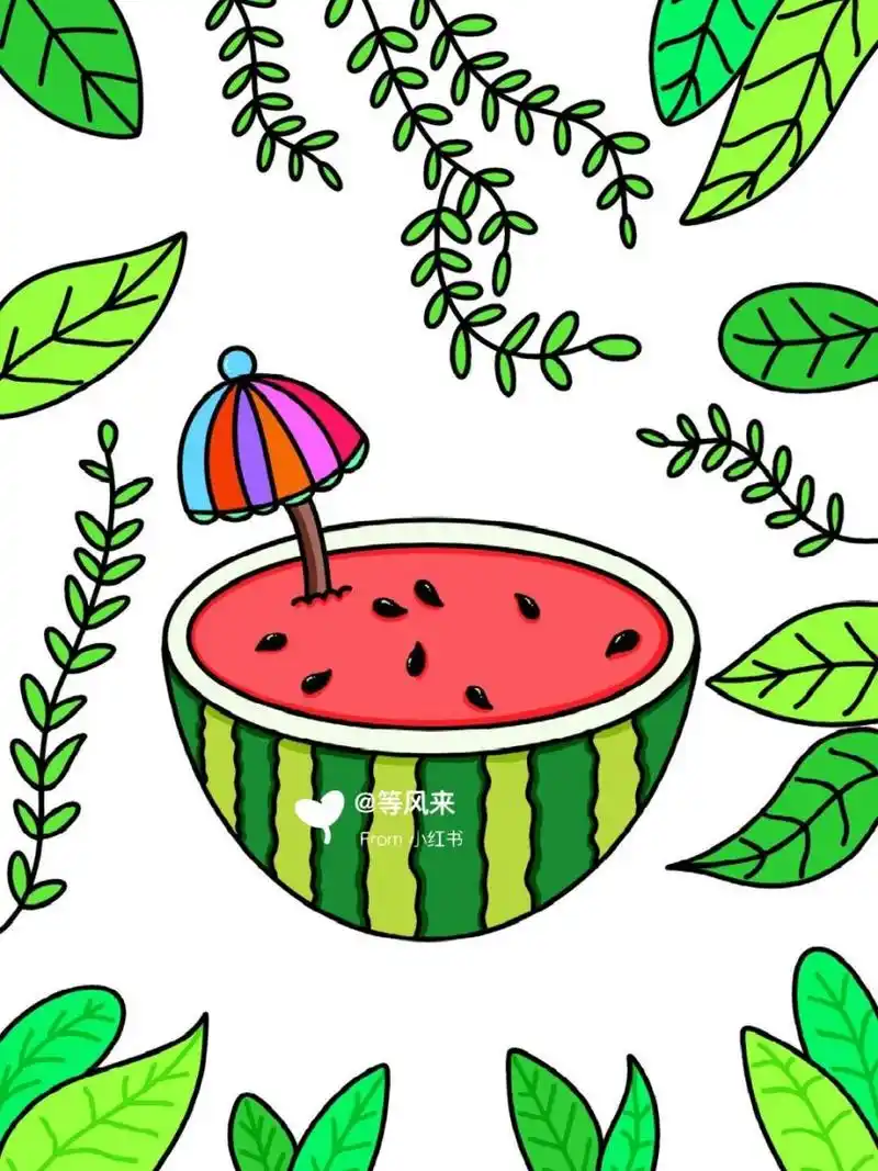 西瓜91 夏天 创意画 儿童画 带线稿 简笔画 #创意美术儿童画# #儿童