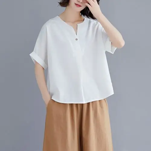 实拍2020夏新款复古宽松v领亚麻短袖衬衫女百搭t恤文棉麻上衣