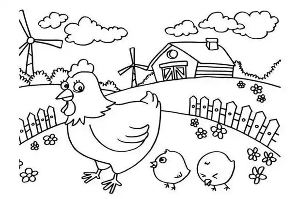 农场里的母鸡和小鸡简笔画画法图片 动物-第1张