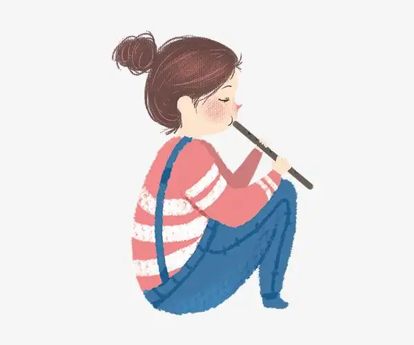 水彩手绘吹笛子的女孩