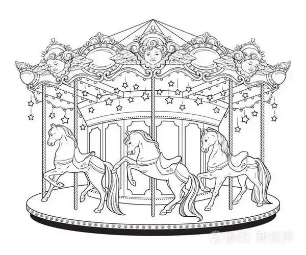 旋转木马la年代可爱的快活去圆马着色书页为孩子和手绘矢量插图