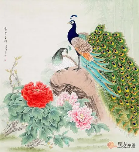 王一容新品大斗方孔雀牡丹图《富贵呈祥》(作品来源:易从网)