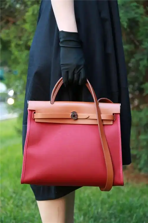 [9.8新]爱马仕hermes女士酒红色herbag手提单肩两用包