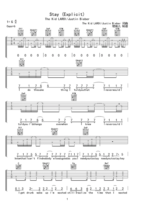 stay (explicit)g调六线pdf谱吉他谱-虫虫吉他谱免费下载