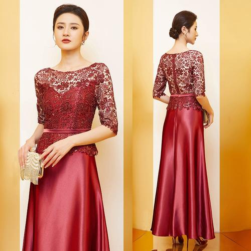 高贵香槟色喜妈妈婚宴礼服假两件套装高端气质酒红色喜婆婆婚宴装