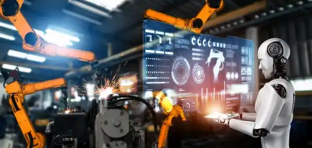 机械化工业器人和械臂工业革命和自动化制造过程的人工智能概念用于