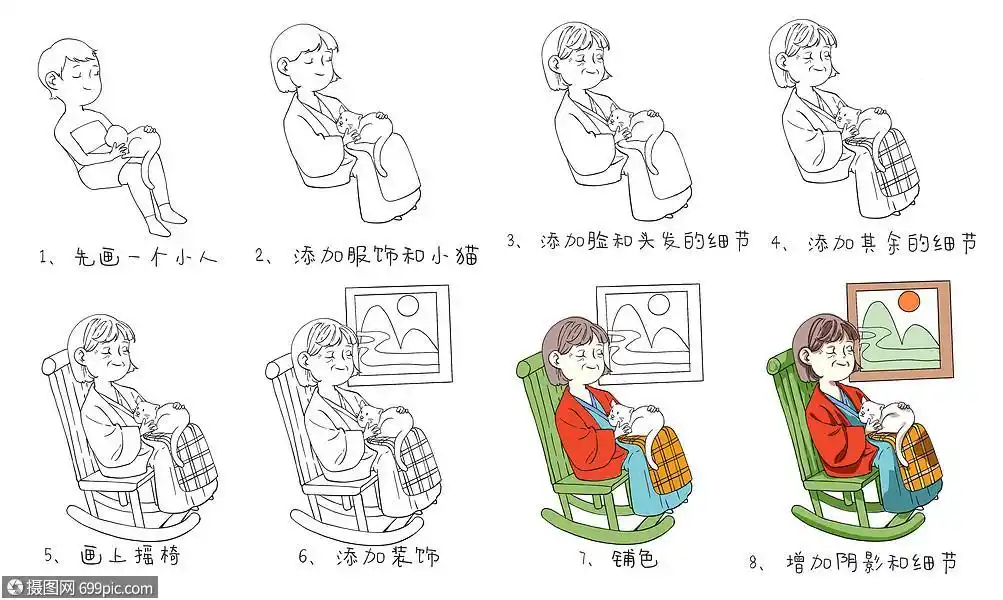 坐摇椅的老奶奶简笔画教程