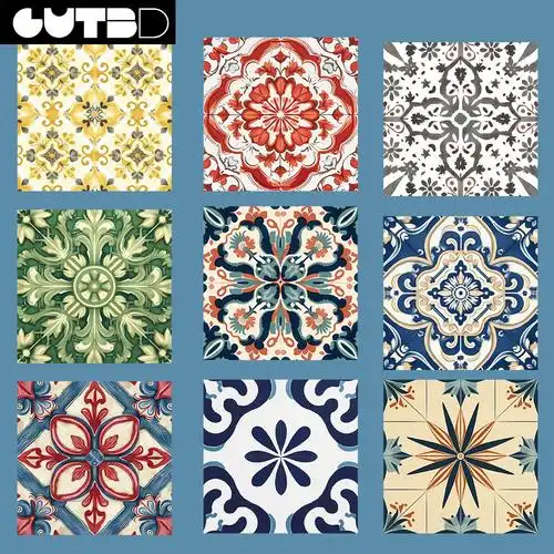 62张复古彩色花砖贴纸行李箱笔记本手机水杯防水涂鸦贴画可批发