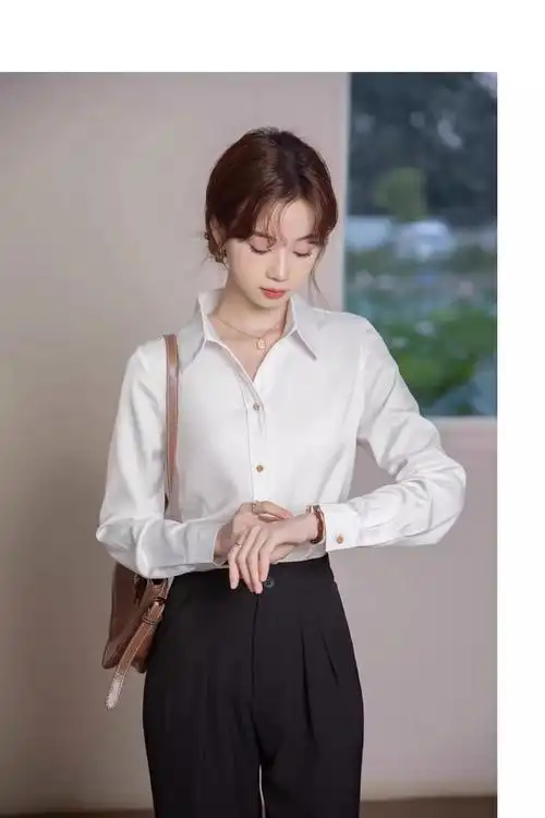 粉色衬衫女长袖职场穿搭职业高级感教资面试正装轻熟风春秋衬衣 - 17