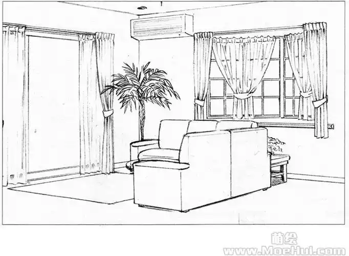 漫画透视入门19两点透视绘制室内没有人物的房间