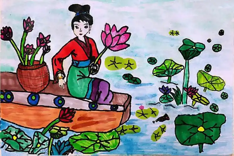 儿童画最佳表现奖作品《采莲曲》儿童绘画作品_诗歌的样子简笔画