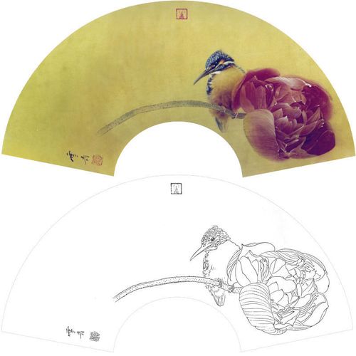 工笔画底稿龚雪青白描底稿初学者临摹国画荷花翠鸟工笔画线稿xq92