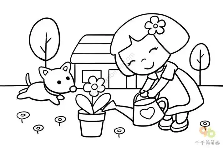 小女孩简笔画我给花儿浇浇水