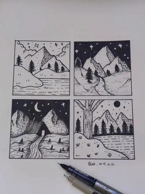 1216风景黑白创意画线描画针管笔手绘