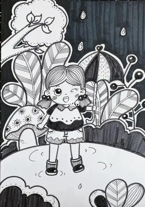 撑伞的女孩黑白线描装饰画线描人物画