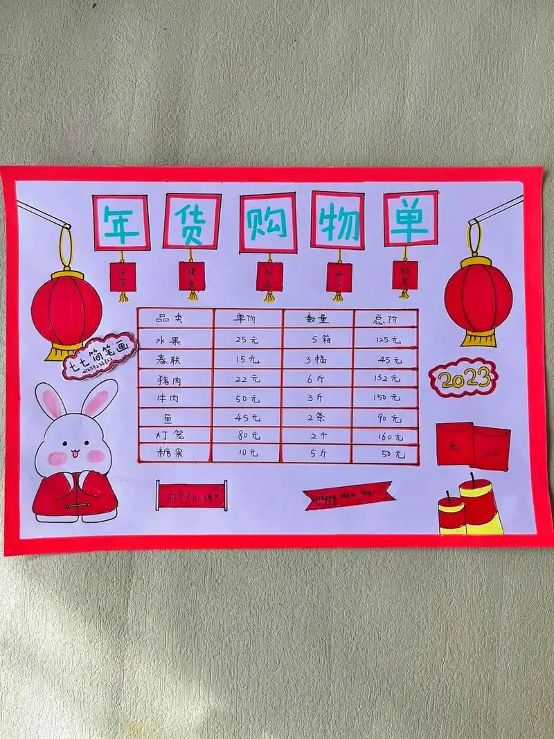 2023新年主题绘画,年货购物清单手抄报.简单的#年货购物清 - 抖音