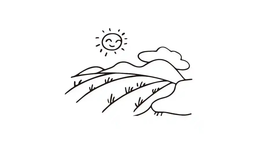 然后我们画出田地当中的小杂草首先我们用线条画出苍茫的大地和山丘