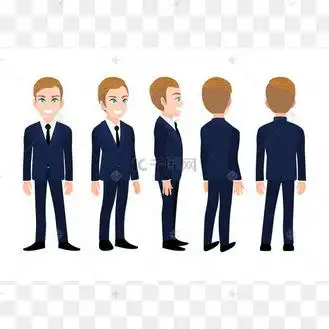 卡通人物与商人.正面,侧面,背面,3-4视图动画角色.平面矢量图解.