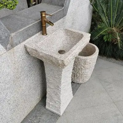 庭院石头洗手盆一体户外洗手台家用石材轻奢立柱脸盆室外水池中式