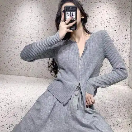 短款 减龄打底上衣 外套女2021春新款 简约双拉链针织开衫 - 女装