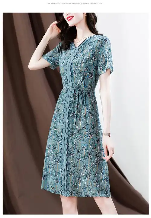 新款正宗杭州重磅真丝连衣裙女装印花桑蚕丝薄款裙子妈妈大牌夏季