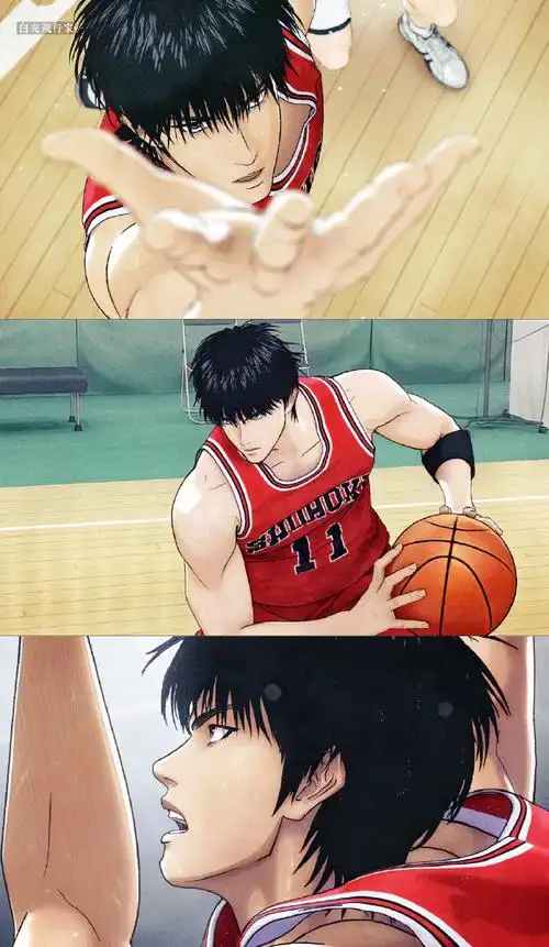 线稿勾勒出五人组的形态出场,拽拽的走姿,流川枫发丝都在律动,搭配着