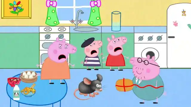 小猪佩奇家的厨房跑来一只大老鼠,胆小的猪妈妈吓得跳上了桌子