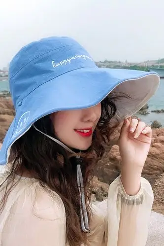帽子女夏季防晒遮阳韩版可爱笑脸字母双面刺绣渔夫帽百搭大檐盆帽