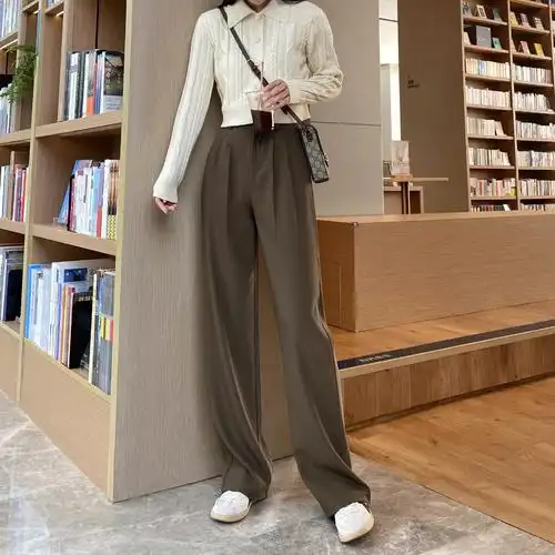 棕咖色阔腿裤女春季新款高腰显瘦西装裤子宽松垂感拖地加长直筒裤