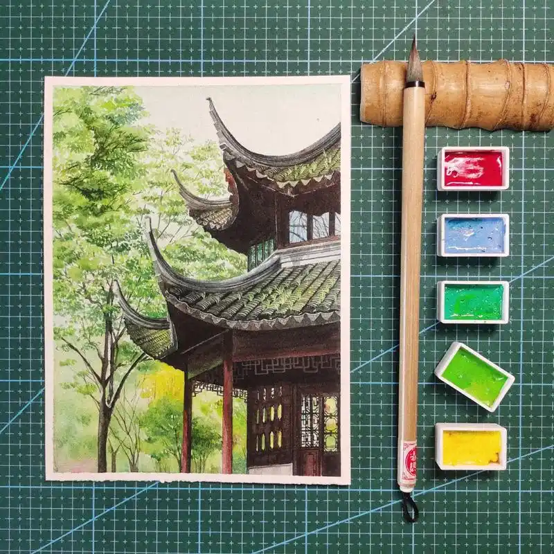 荷叶田田清风徐徐水彩风景拙政园教