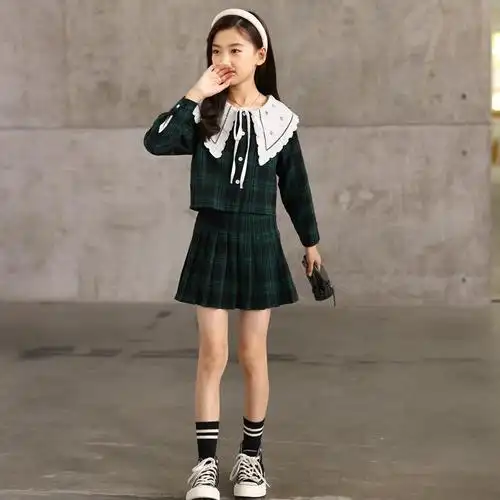 新品直营女童套装裙子秋装新款中大童学院风jk制服格子儿童百褶裙洋气
