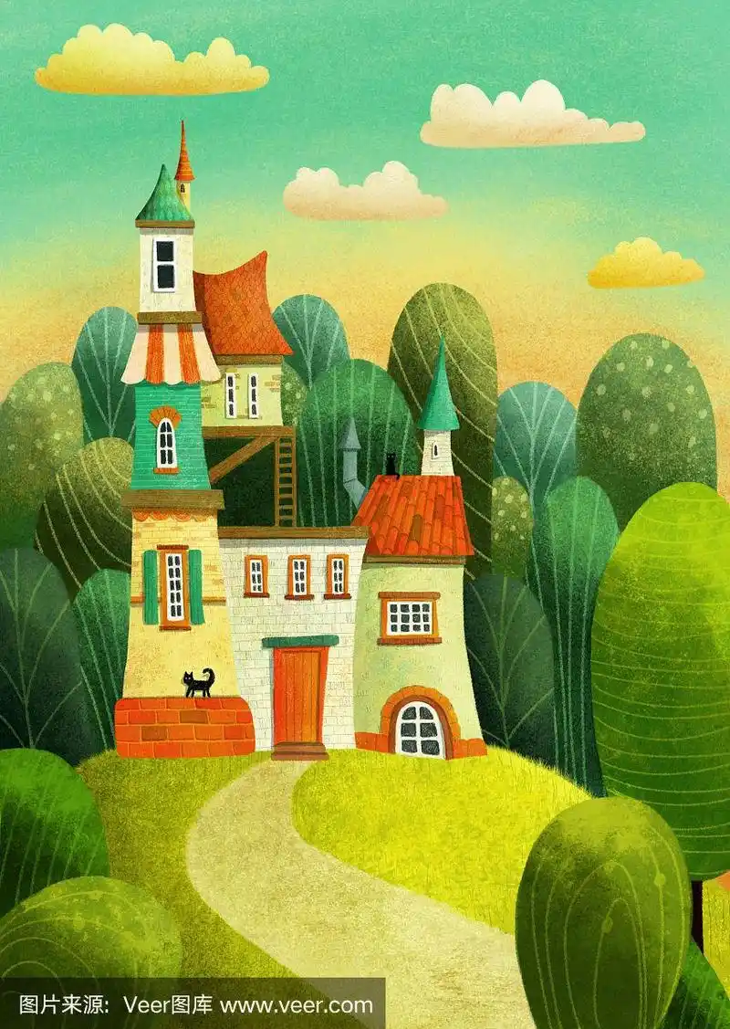 魔法疯狂的房子或城堡在山上的森林里有树,猫,云和路.