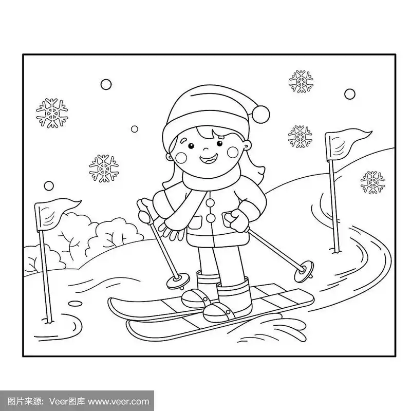 着色页的卡通女孩滑雪的轮廓.冬季运动.儿童涂色书