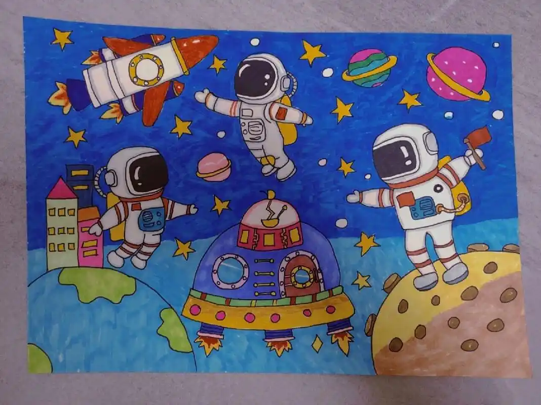 儿童画/科幻画/太空梦/马克笔绘画/手抄报 颜色很鲜艳,配色很全,适合
