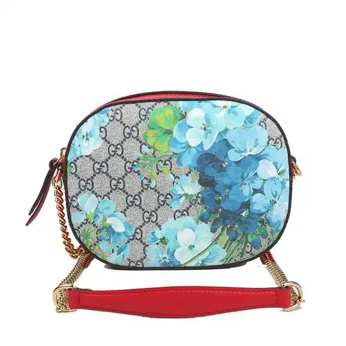 [大牌清仓][9.9新]古驰gucci女士蓝色天竺葵花卉单肩斜挎包
