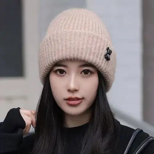 新款狐狸毛球毛线帽子女秋冬季安哥拉兔绒针织帽时尚百搭保暖冬帽