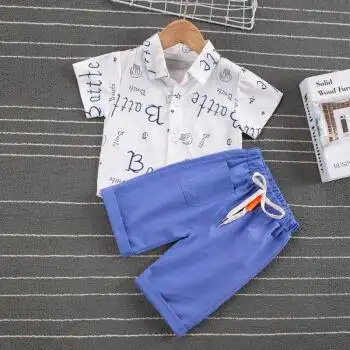 小男孩夏天穿的短袖短裤衣服白色yz夏装英文衬衫套装80适合01岁宝宝